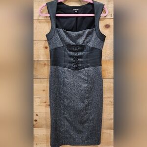 bebe Black and Gray Sleeveless Midi Dress with Faux Leather Waist